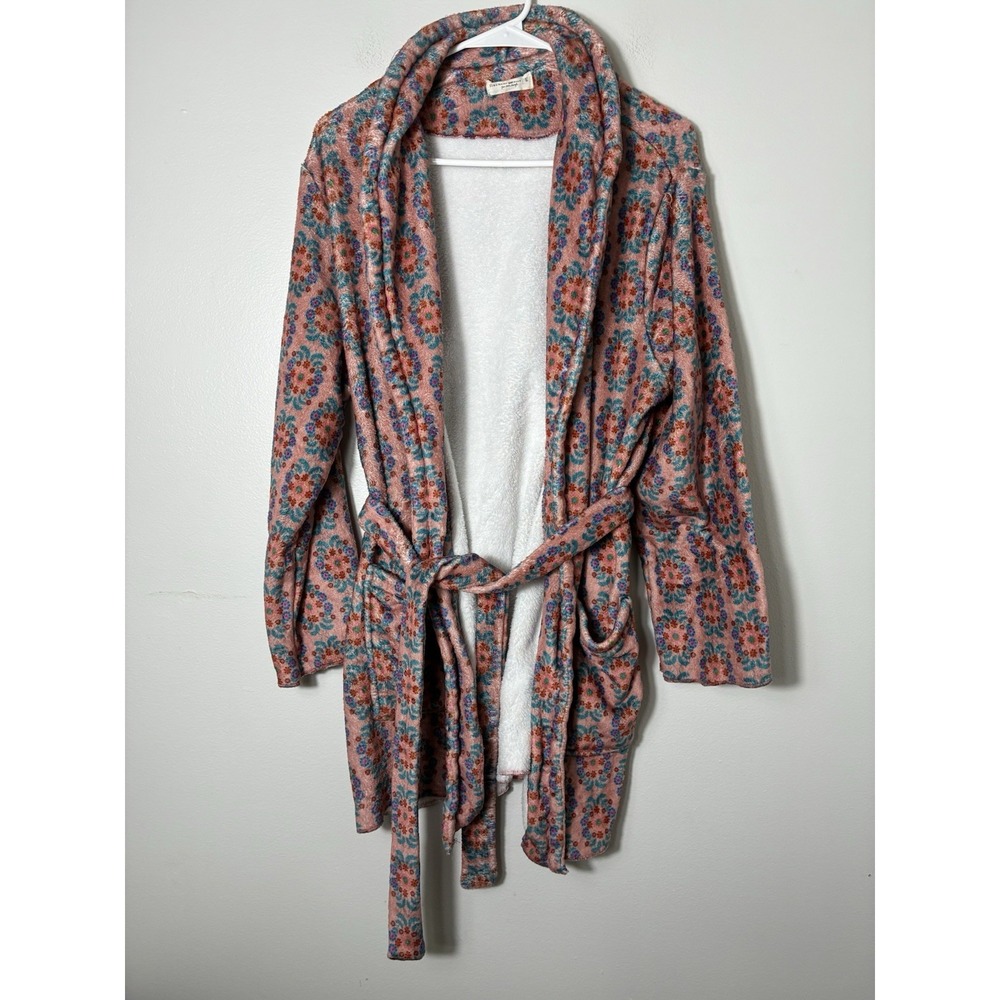 Natural Life Fleece Mini Robe Small Boho Belted Floral Pockets